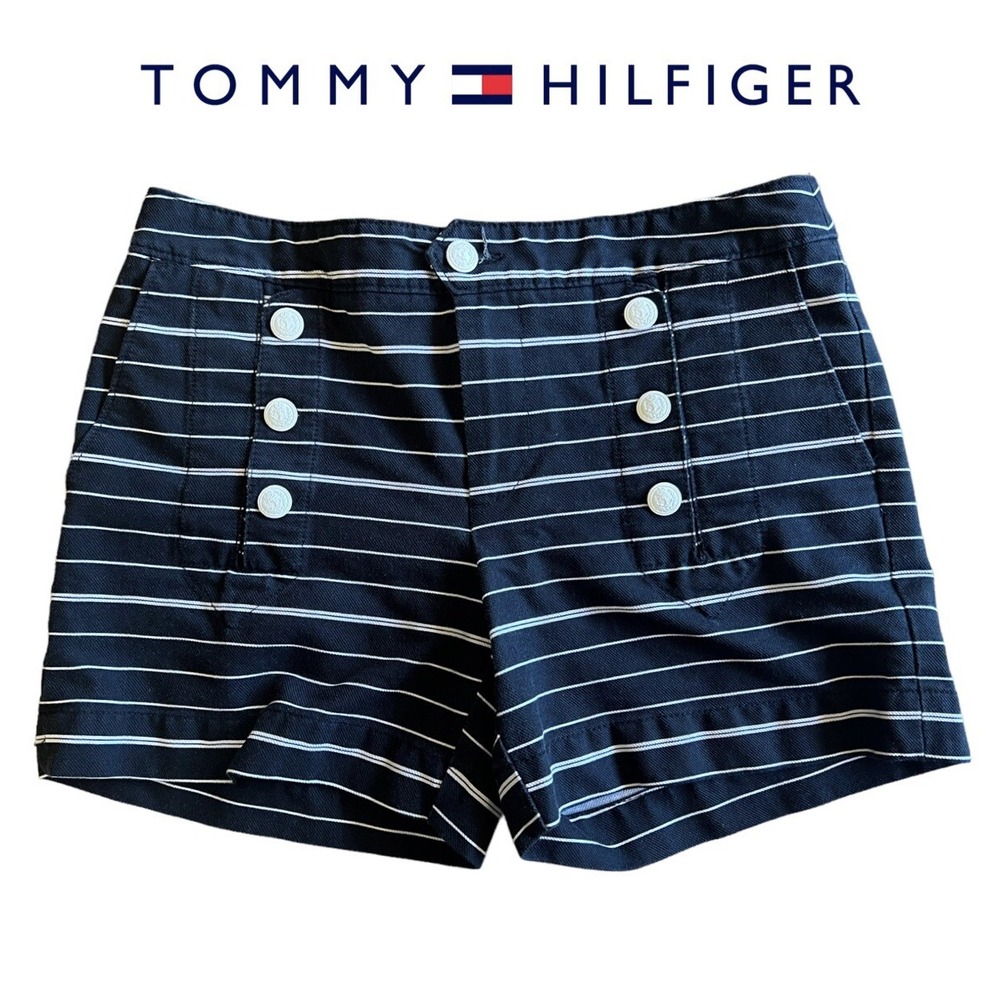 TOMMY HILFIGER Sz 6 Black & White Striped Sailor Shorts Nautical Stretch Pockets